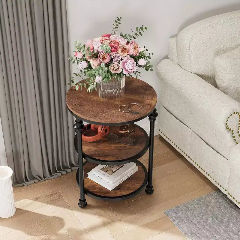 Table basse circulaire à trois niveaux, table basse à structure en acier, table d'appoint à colonne romaine, pour salon et chambre à coucher