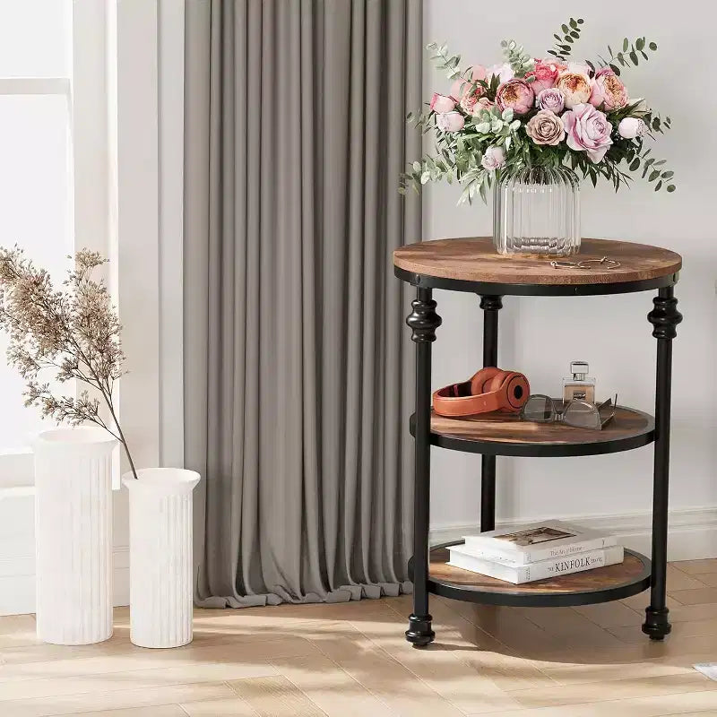 Table basse circulaire à trois niveaux, table basse à structure en acier, table d'appoint à colonne romaine, pour salon et chambre à coucher