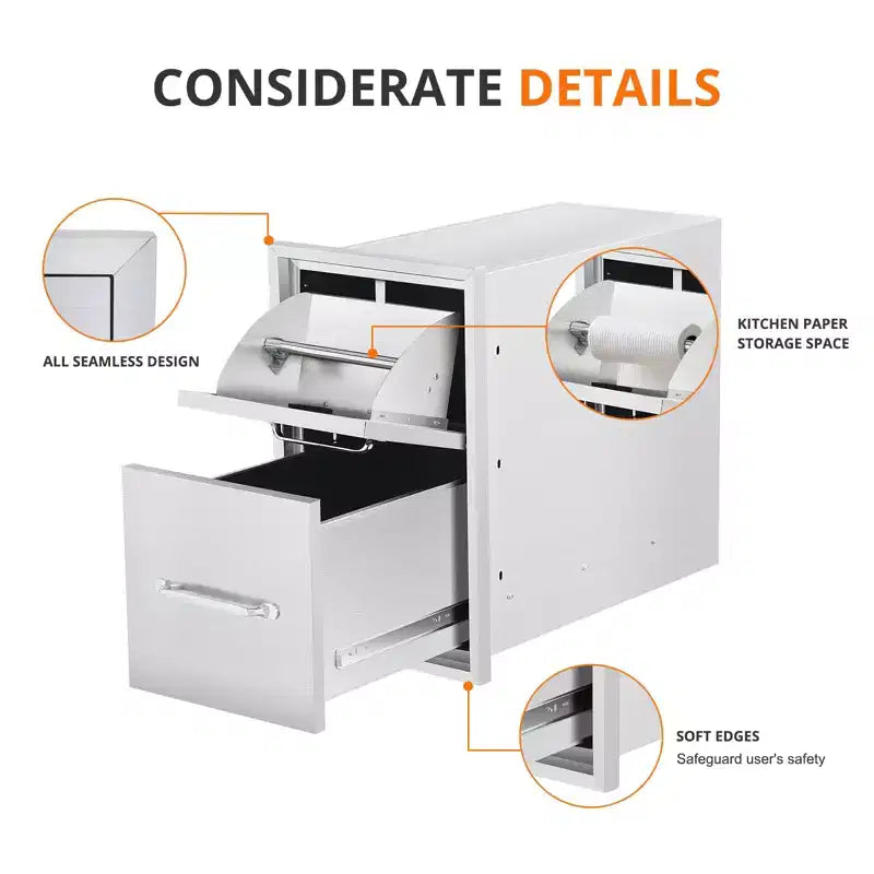 Tiroirs de cuisine d'extérieur avec porte-serviettes en papier, tiroirs d'accès triple pour barbecue, tiroirs d'îlot de barbecue encastrables en acier inoxydable pour cuisine extérieure