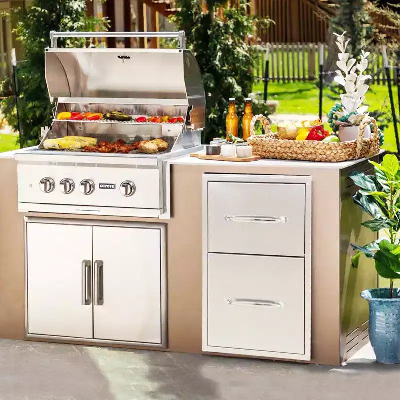 Tiroirs de cuisine d'extérieur avec porte-serviettes en papier, tiroirs d'accès triple pour barbecue, tiroirs d'îlot de barbecue encastrables en acier inoxydable pour cuisine extérieure