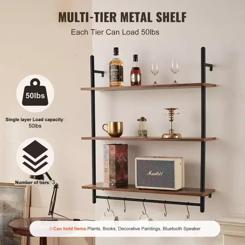 Étagère murale industrielle VEVOR, 3 niveaux 81x25cm, en bois rustique, à fixation murale, étagère de présentation pour livres, support de rangement divers, noir