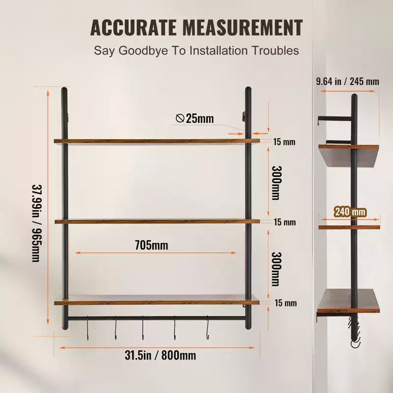 Étagère murale industrielle VEVOR, 3 niveaux 81x25cm, en bois rustique, à fixation murale, étagère de présentation pour livres, support de rangement divers, noir