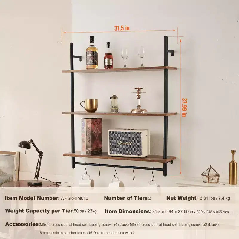 Étagère murale industrielle VEVOR, 3 niveaux 81x25cm, en bois rustique, à fixation murale, étagère de présentation pour livres, support de rangement divers, noir