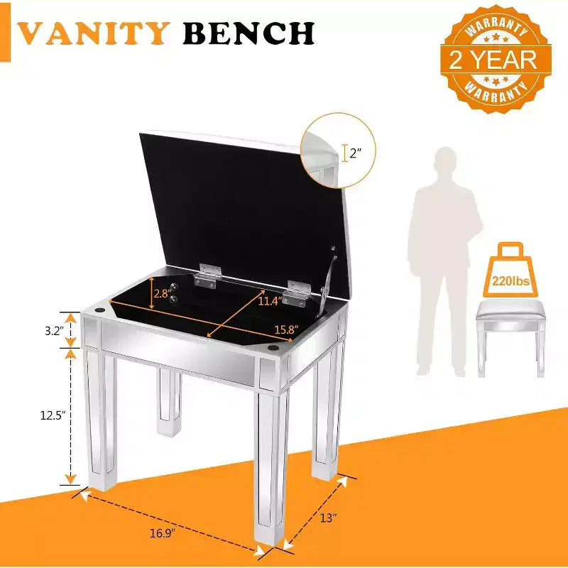 Tabouret de coiffeuse miroir VINGLI avec rangement, pouf en similicuir, banc de table de maquillage, argent