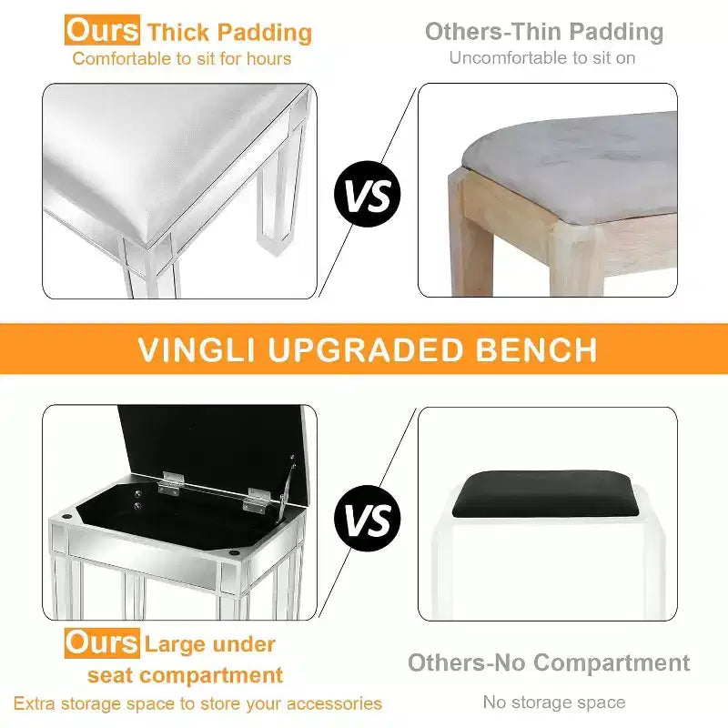 Tabouret de coiffeuse miroir VINGLI avec rangement, pouf en similicuir, banc de table de maquillage, argent