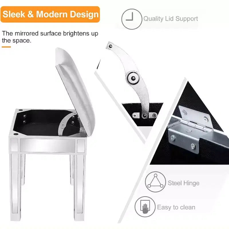 Tabouret de coiffeuse miroir VINGLI avec rangement, pouf en similicuir, banc de table de maquillage, argent