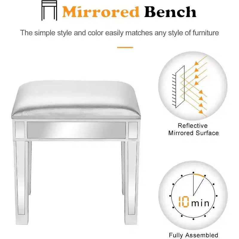 Tabouret de coiffeuse miroir VINGLI avec rangement, pouf en similicuir, banc de table de maquillage, argent