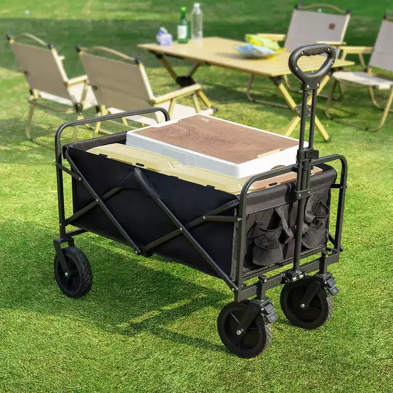 Chariot pliant pliable avec roues tout-terrain Chariot utilitaire robuste pour le camping et les courses, capacité de 150 kg (Grand-Noir)