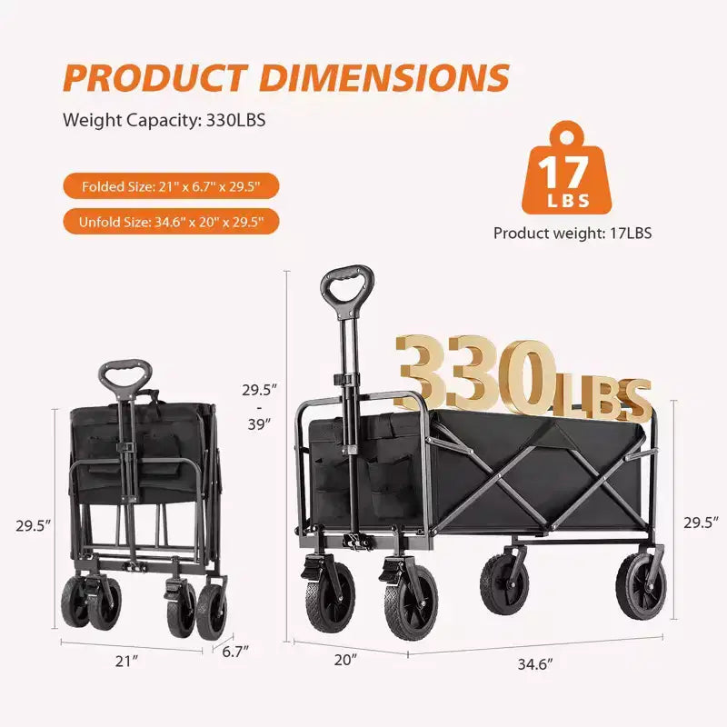 Chariot pliant pliable avec roues tout-terrain Chariot utilitaire robuste pour le camping et les courses, capacité de 150 kg (Grand-Noir)