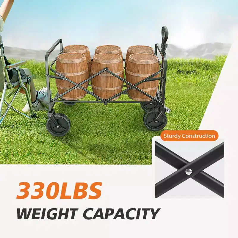 Chariot pliant pliable avec roues tout-terrain Chariot utilitaire robuste pour le camping et les courses, capacité de 150 kg (Grand-Noir)