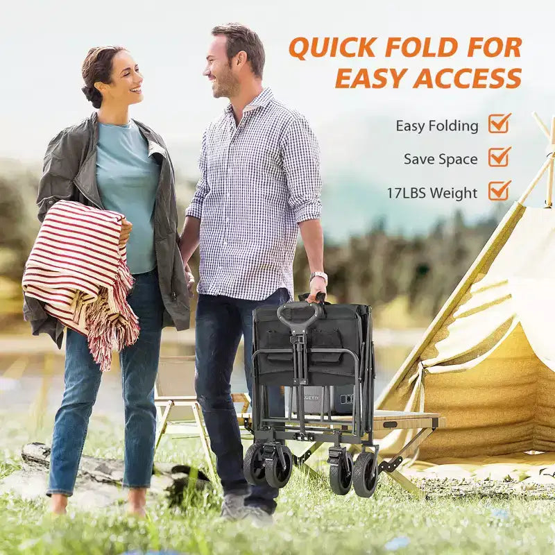 Chariot pliant pliable avec roues tout-terrain Chariot utilitaire robuste pour le camping et les courses, capacité de 150 kg (Grand-Noir)
