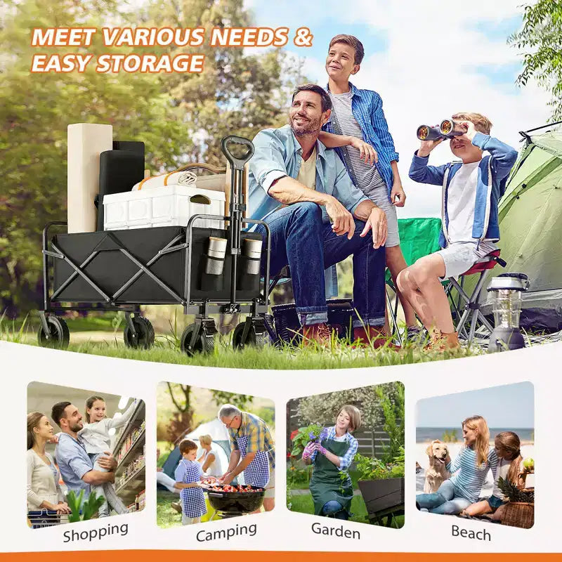 Chariot pliant pliable avec roues tout-terrain Chariot utilitaire robuste pour le camping et les courses, capacité de 150 kg (Grand-Noir)