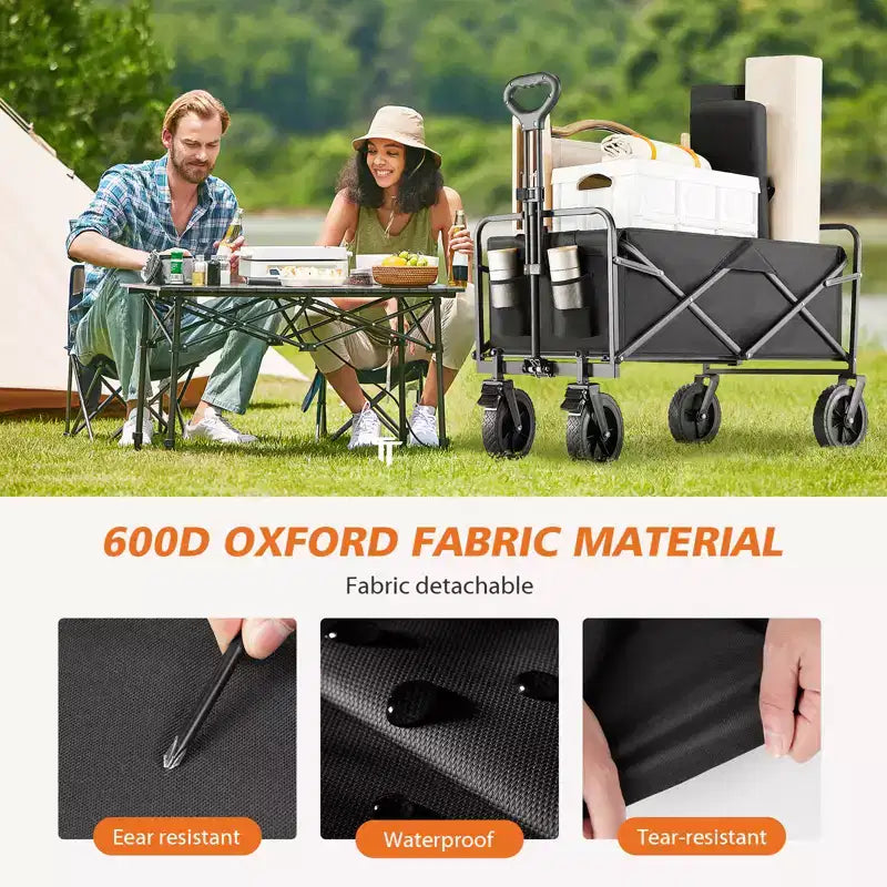 Chariot pliant pliable avec roues tout-terrain Chariot utilitaire robuste pour le camping et les courses, capacité de 150 kg (Grand-Noir)