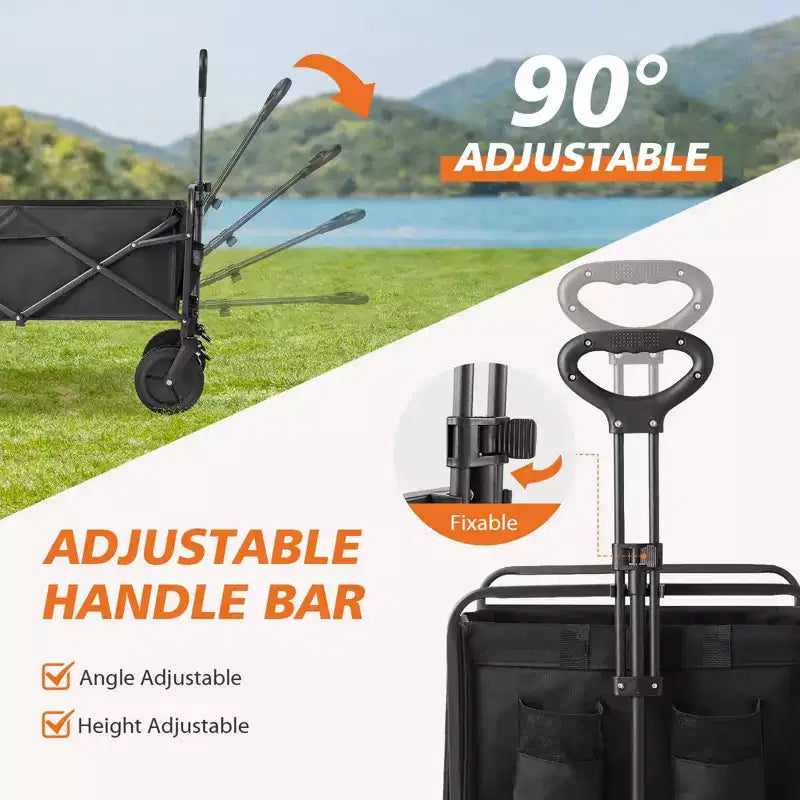 Chariot pliant pliable avec roues tout-terrain Chariot utilitaire robuste pour le camping et les courses, capacité de 150 kg (Grand-Noir)