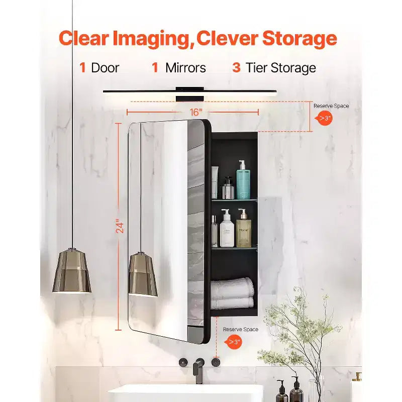 Meuble à pharmacie VEVOR, 16 x 24 pouces, Armoire murale de salle de bain avec cadre en aluminium, Étagères réglables à 2 niveaux, Noir