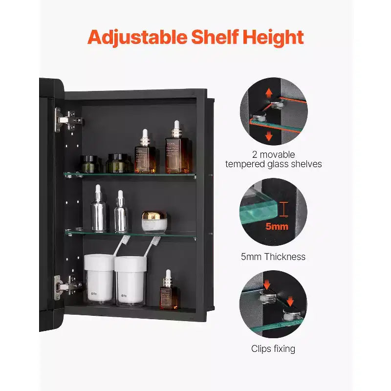 Meuble à pharmacie VEVOR, 16 x 24 pouces, Armoire murale de salle de bain avec cadre en aluminium, Étagères réglables à 2 niveaux, Noir