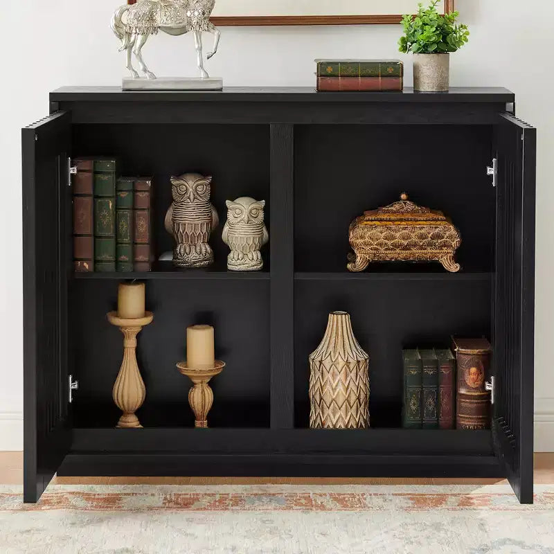 MAYEERTY Buffet moderne du milieu du siècle, cannelé, creux, avec 2 trous de sortie pour entrée et couloir, noir