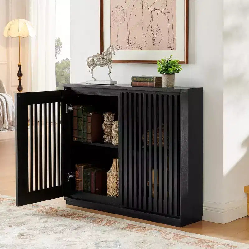 MAYEERTY Buffet moderne du milieu du siècle, cannelé, creux, avec 2 trous de sortie pour entrée et couloir, noir