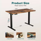 Bureau debout électrique réglable en hauteur ergonomique avec cadre en métal en T et préréglages de mémoire Poste de travail informatique moderne-47.20x23.60x46.40-Marron