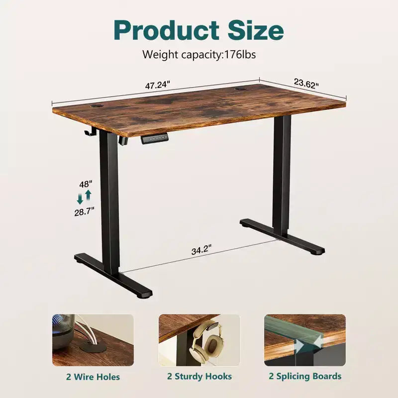 Bureau debout électrique réglable en hauteur ergonomique avec cadre en métal en T et préréglages de mémoire Poste de travail informatique moderne-47.20x23.60x46.40-Marron