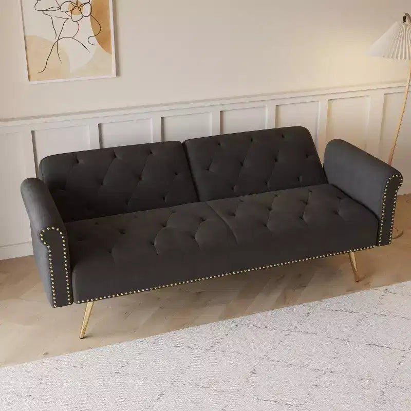 Canapé en velours noir MAYEERTY avec clous décoratifs et coussin décoratif assorti
