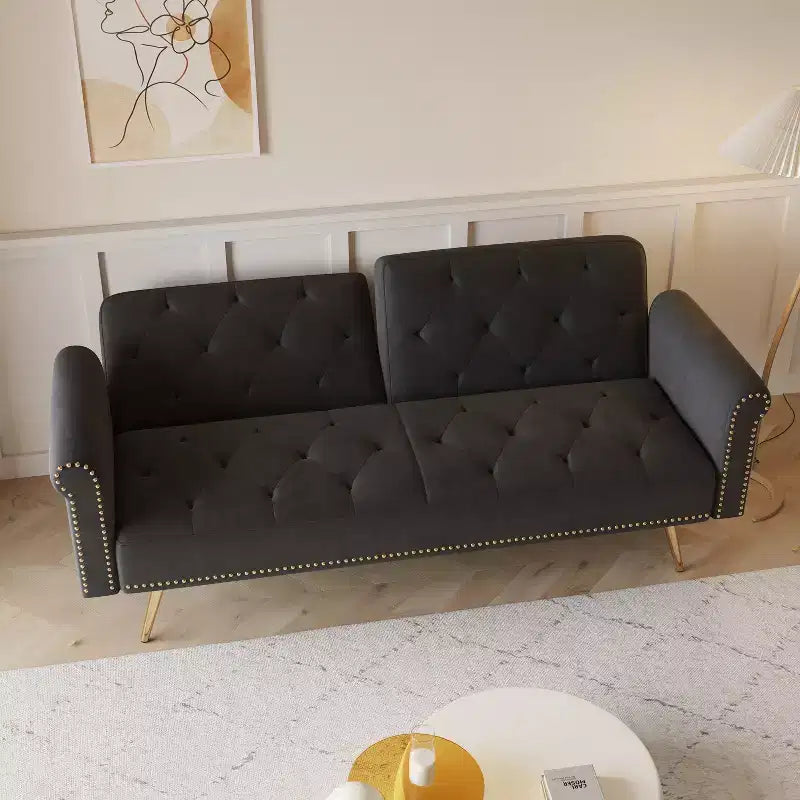 Canapé en velours noir MAYEERTY avec clous décoratifs et coussin décoratif assorti