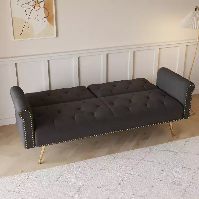Canapé en velours noir MAYEERTY avec clous décoratifs et coussin décoratif assorti