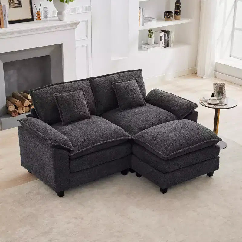 HYLEORY Canapé d'angle 3 places en tissu chenille de 190 cm avec pouf