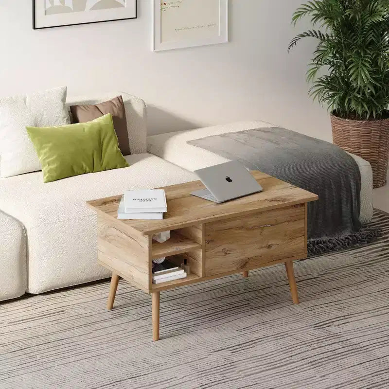 Table basse relevable HOMLUX avec rangement caché, étagère latérale, noir/marron/gris