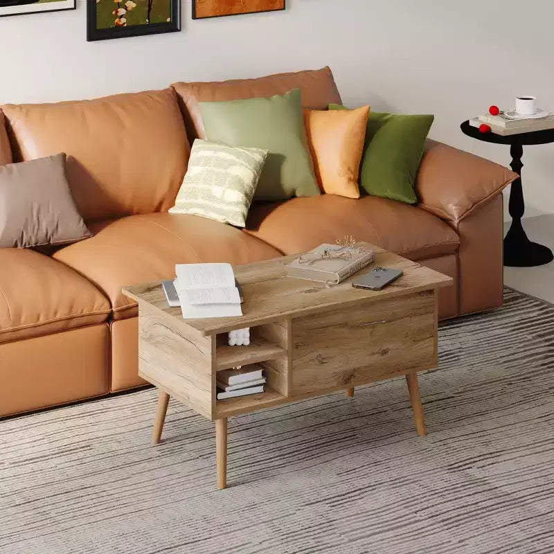Table basse relevable HOMLUX avec rangement caché, étagère latérale, noir/marron/gris