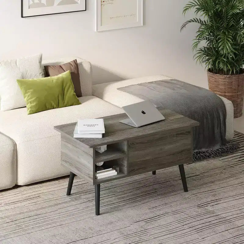 Table basse relevable HOMLUX avec rangement caché, étagère latérale, noir/marron/gris