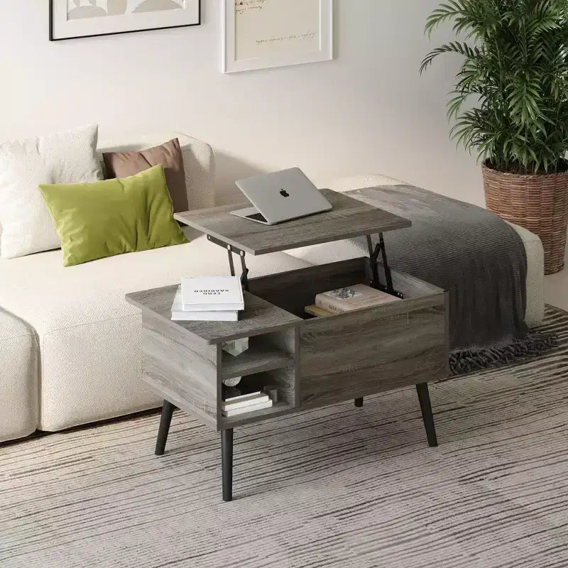 Table basse relevable HOMLUX avec rangement caché, étagère latérale, noir/marron/gris