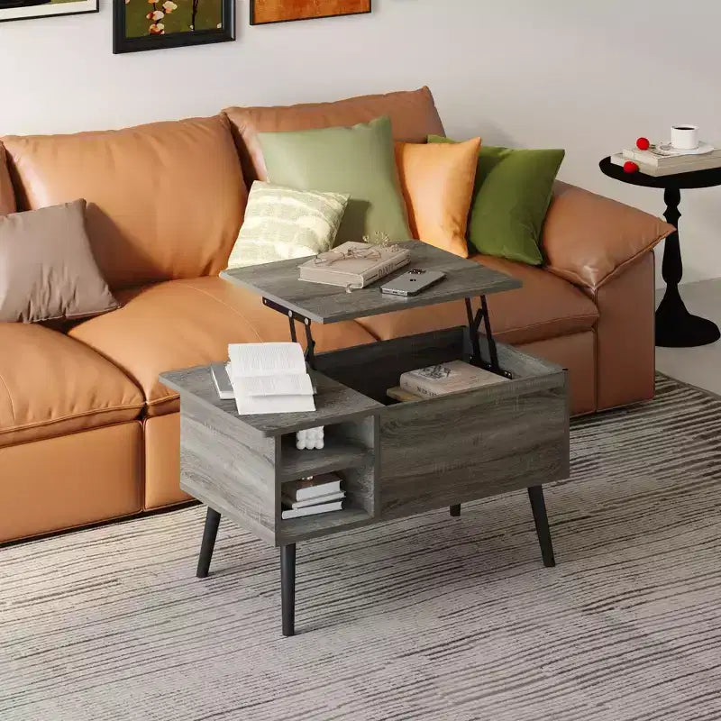 Table basse relevable HOMLUX avec rangement caché, étagère latérale, noir/marron/gris