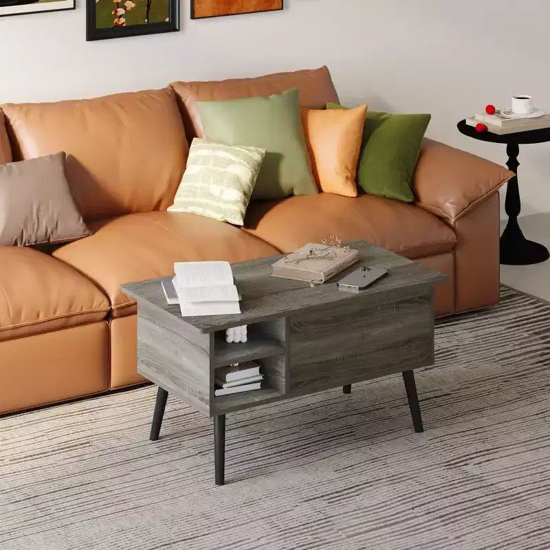 Table basse relevable HOMLUX avec rangement caché, étagère latérale, noir/marron/gris