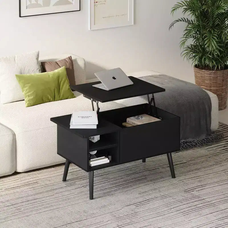 Table basse relevable HOMLUX avec rangement caché, étagère latérale, noir/marron/gris