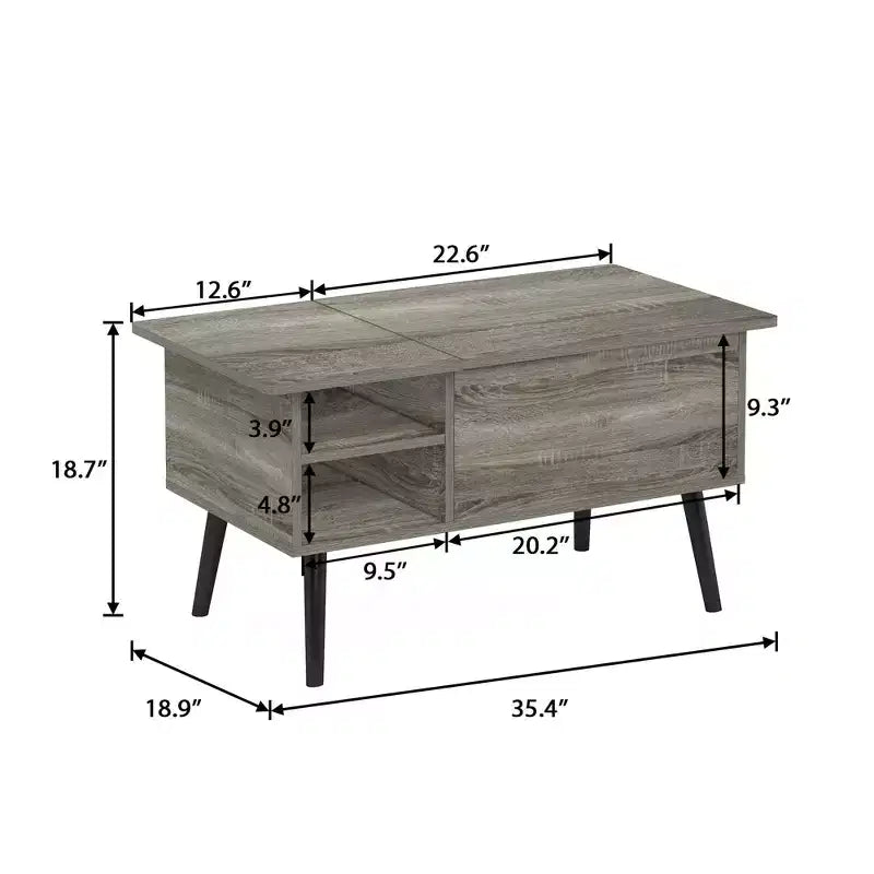Table basse relevable HOMLUX avec rangement caché, étagère latérale, noir/marron/gris