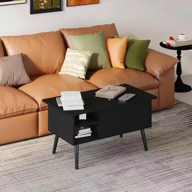 Table basse relevable HOMLUX avec rangement caché, étagère latérale, noir/marron/gris