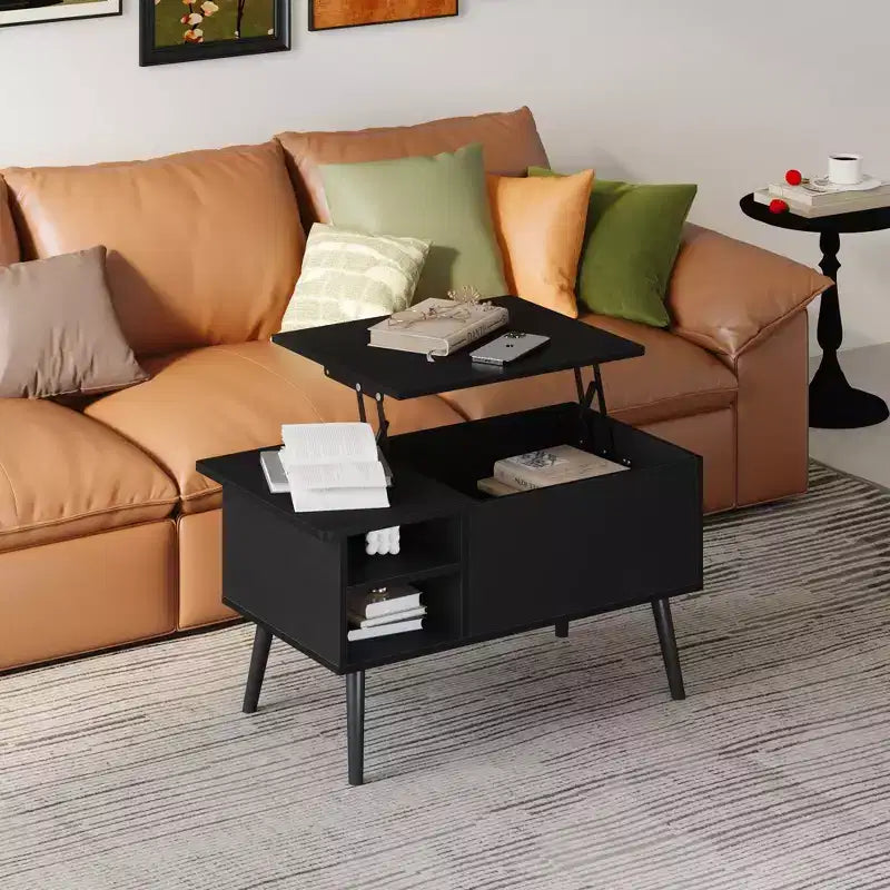 Table basse relevable HOMLUX avec rangement caché, étagère latérale, noir/marron/gris