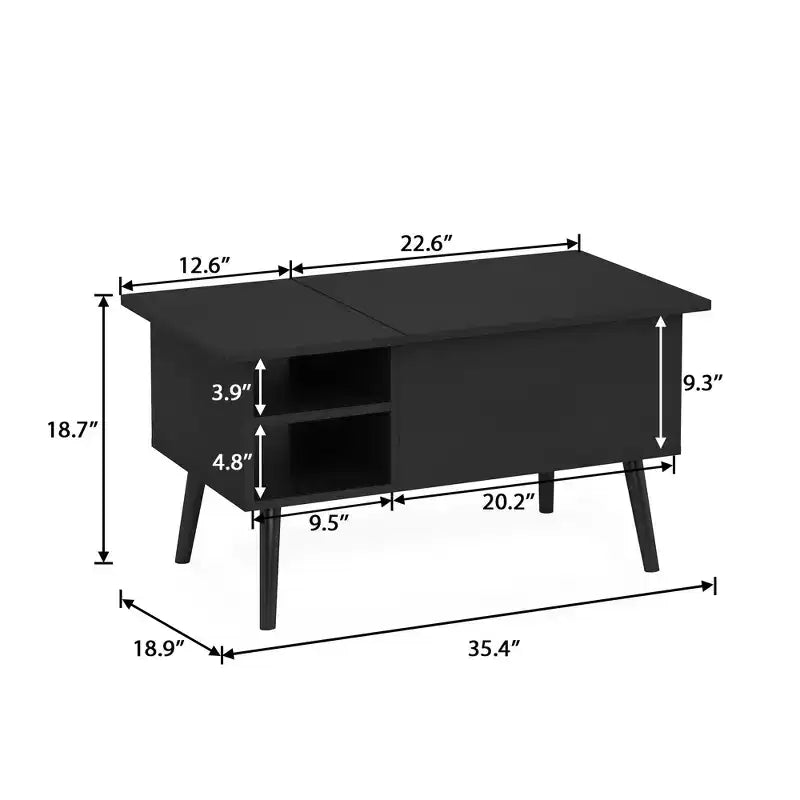 Table basse relevable HOMLUX avec rangement caché, étagère latérale, noir/marron/gris