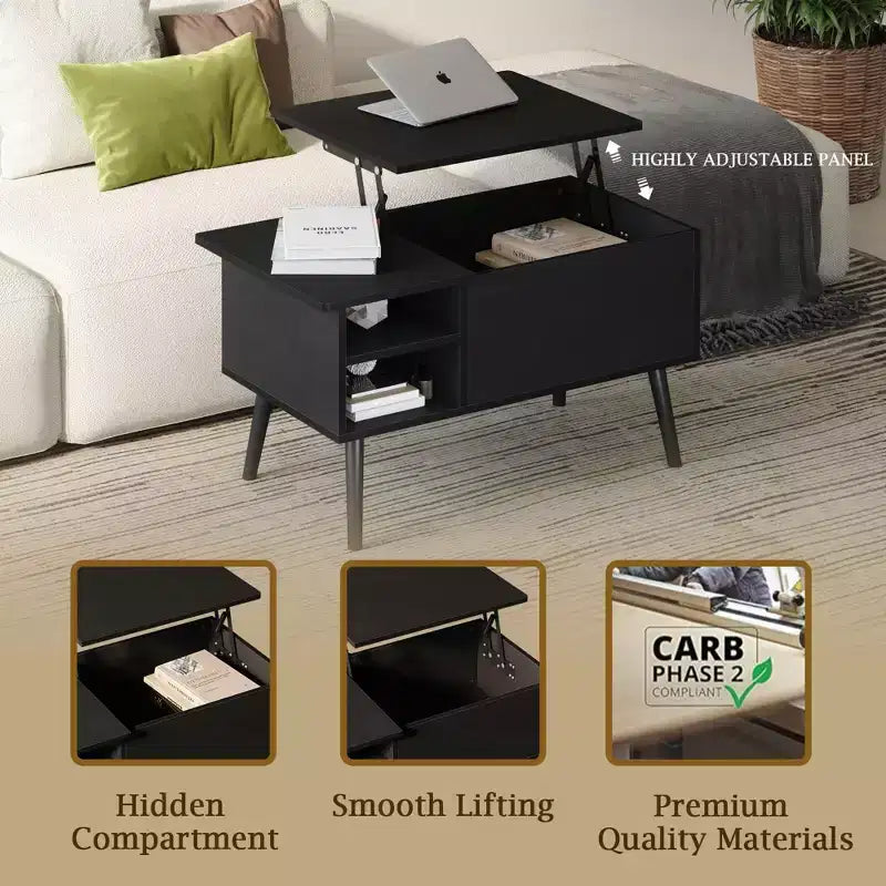 Table basse relevable HOMLUX avec rangement caché, étagère latérale, noir/marron/gris