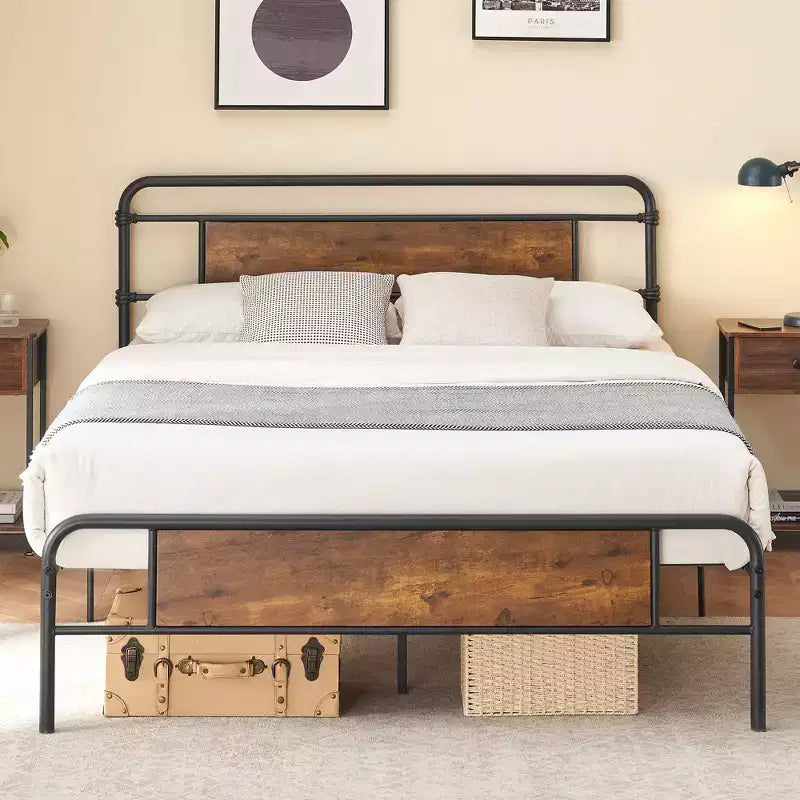 Cadre de lit en métal Alkmaar avec rangement et table de chevet, tête de lit rustique vintage en bois, sommier, support de lattes métalliques solides