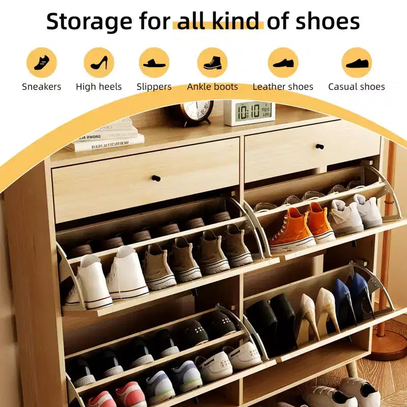 Meuble à chaussures en rotin GustoWave, Armoire de rangement pour chaussures avec 4 tiroirs basculants, Meuble à chaussures autonome en bois avec rangement dissimulé