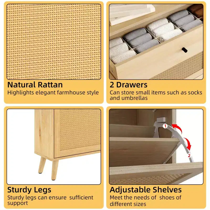 Meuble à chaussures en rotin GustoWave, Armoire de rangement pour chaussures avec 4 tiroirs basculants, Meuble à chaussures autonome en bois avec rangement dissimulé