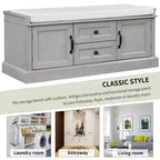 Banc de rangement TUYOHW avec 2 tiroirs et 2 placards, banc à chaussures avec coussin amovible pour salon et entrée, finition gris délavé