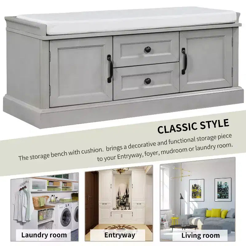 Banc de rangement TUYOHW avec 2 tiroirs et 2 placards, banc à chaussures avec coussin amovible pour salon et entrée, finition gris délavé