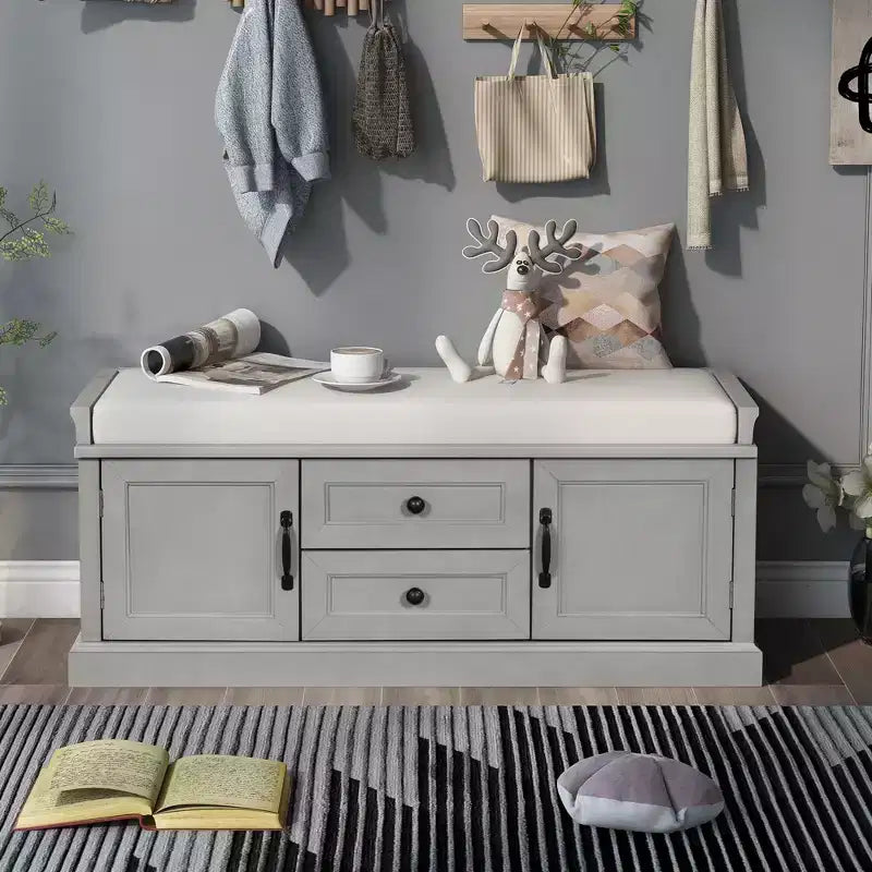 Banc de rangement TUYOHW avec 2 tiroirs et 2 placards, banc à chaussures avec coussin amovible pour salon et entrée, finition gris délavé
