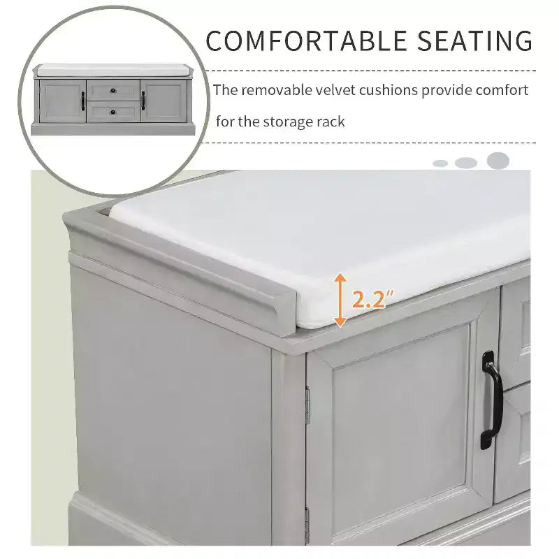 Banc de rangement TUYOHW avec 2 tiroirs et 2 placards, banc à chaussures avec coussin amovible pour salon et entrée, finition gris délavé