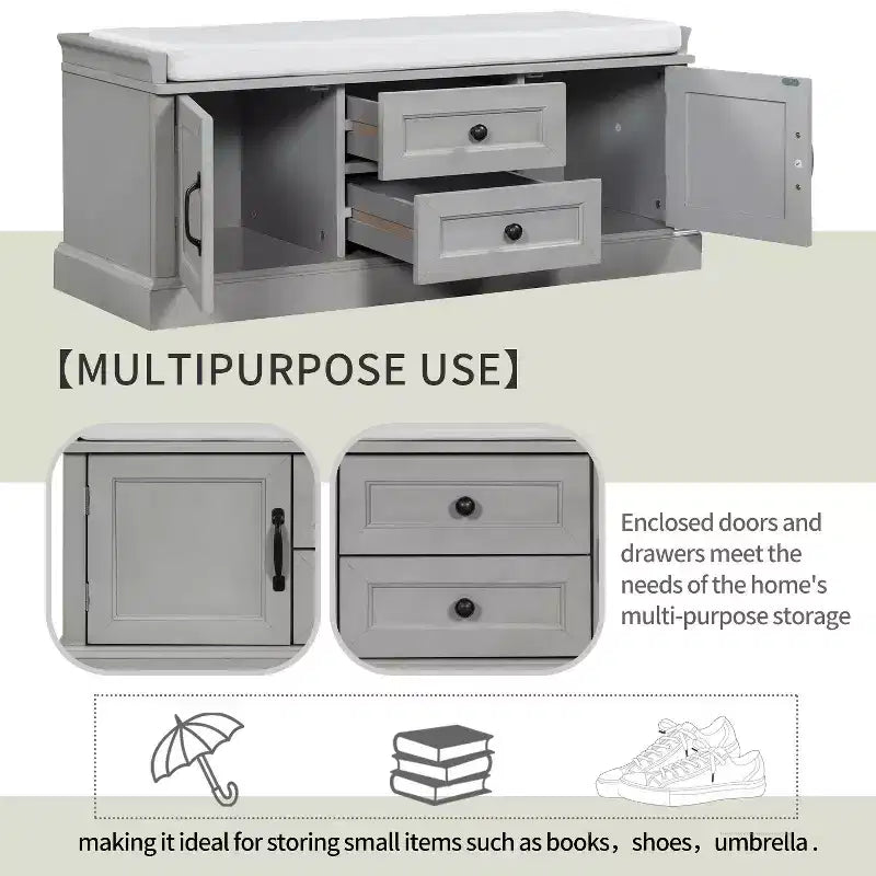 Banc de rangement TUYOHW avec 2 tiroirs et 2 placards, banc à chaussures avec coussin amovible pour salon et entrée, finition gris délavé