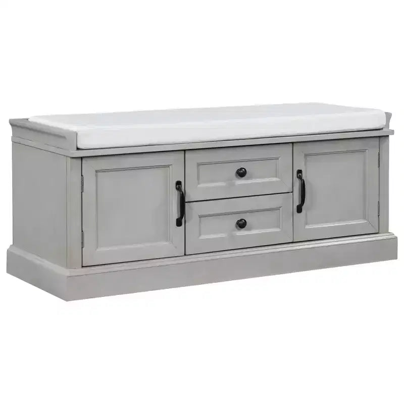 Banc de rangement TUYOHW avec 2 tiroirs et 2 placards, banc à chaussures avec coussin amovible pour salon et entrée, finition gris délavé
