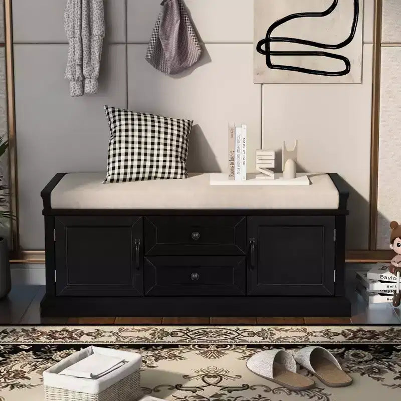 Banc de rangement TUYOHW avec 2 tiroirs et 2 placards, banc à chaussures avec coussin amovible pour salon et entrée, noir